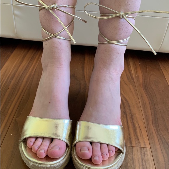 Elle Shiny gold leather sandals tie-up espadrille wedges with high platform US10 - Picture 3 of 12